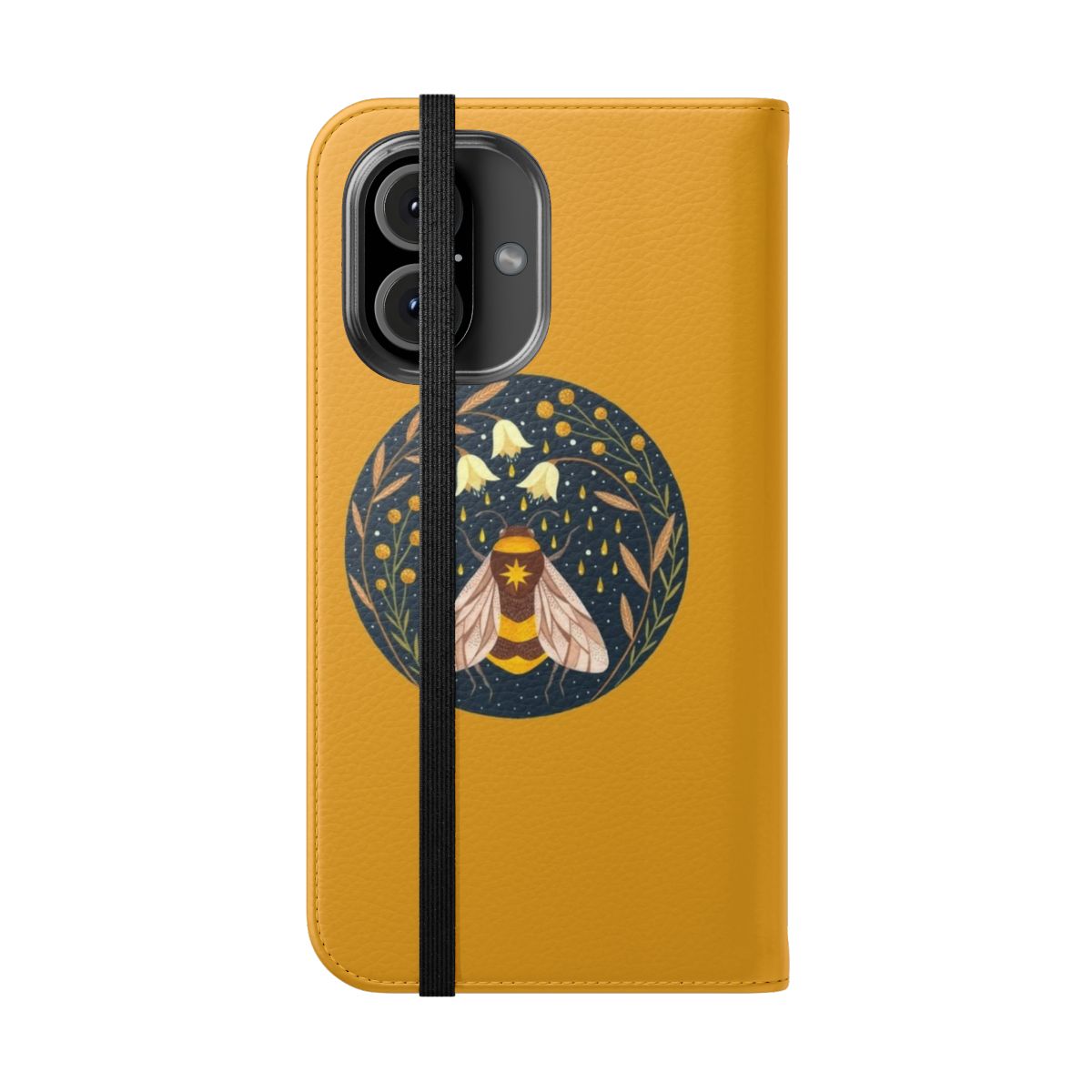 A phone case with a vibrant floral pattern and a golden honey bee design, perfect for nature enthusiasts and bee lovers. - Folded Front