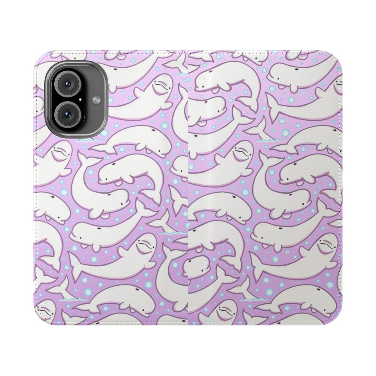 A white beluga whale surrounded by colorful bubbles on a phone case.