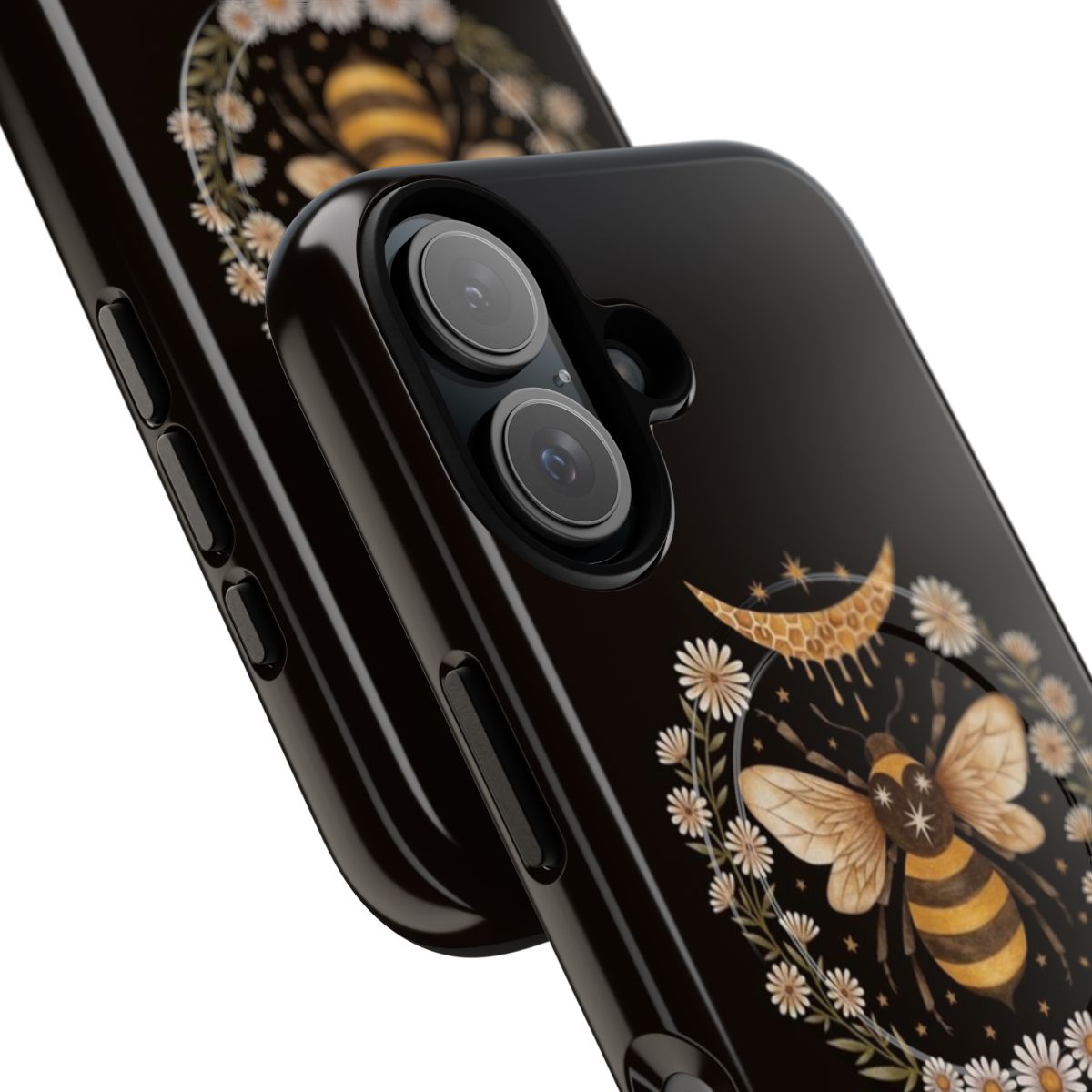 Floral magnetic tough phone case featuring a honeycomb and crescent moon design with bees and flowers - Detail