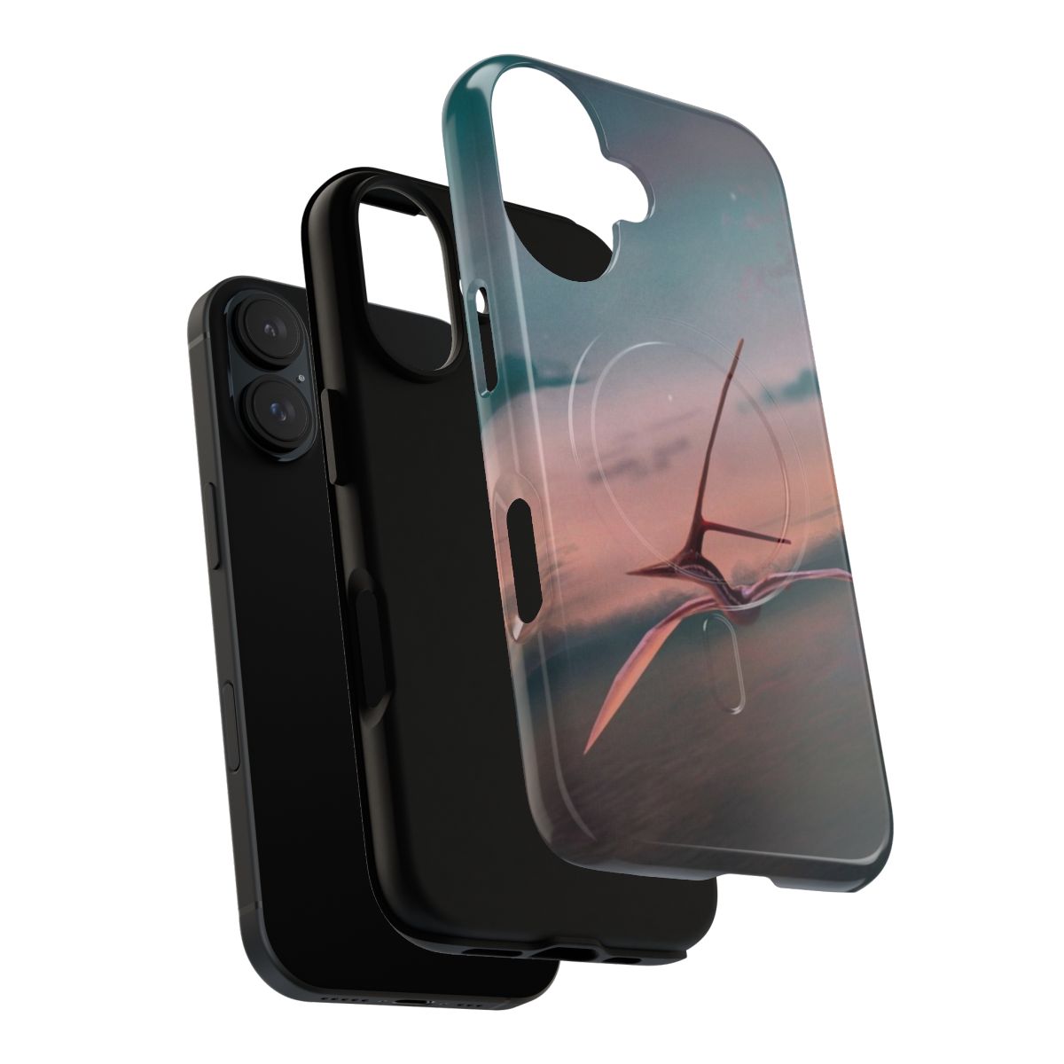 Magnetic tough phone case featuring a nyctosaurus pterosaur flying at sunset - Layers