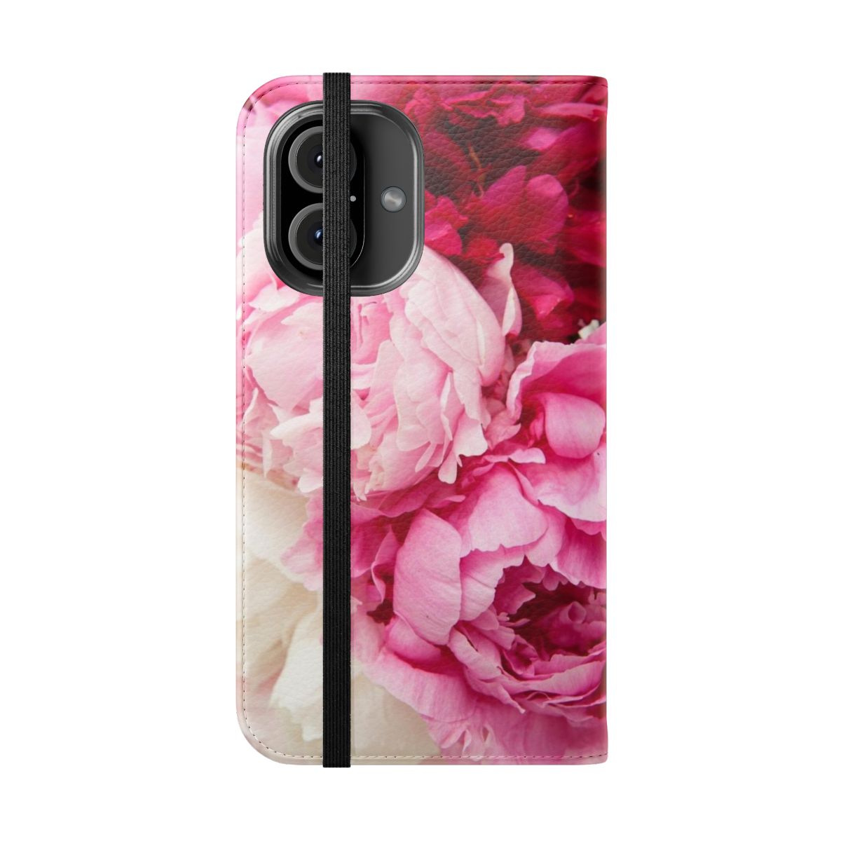 Vibrant floral phone case featuring a bouquet of pink peonies and crimson flowers - Folded Front