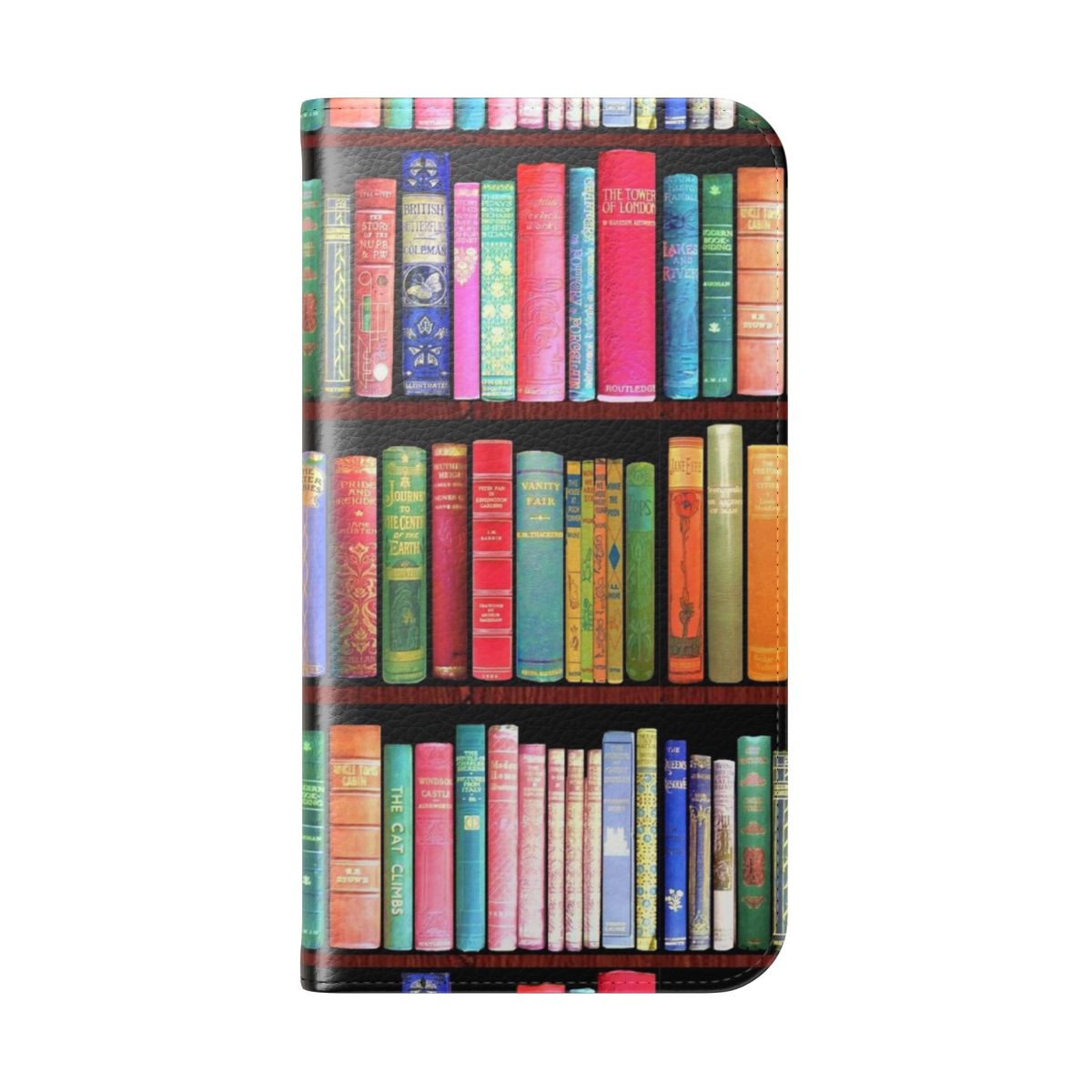 Vintage book-themed flip cover phone case with antique book and bookshelf design - Folded Back