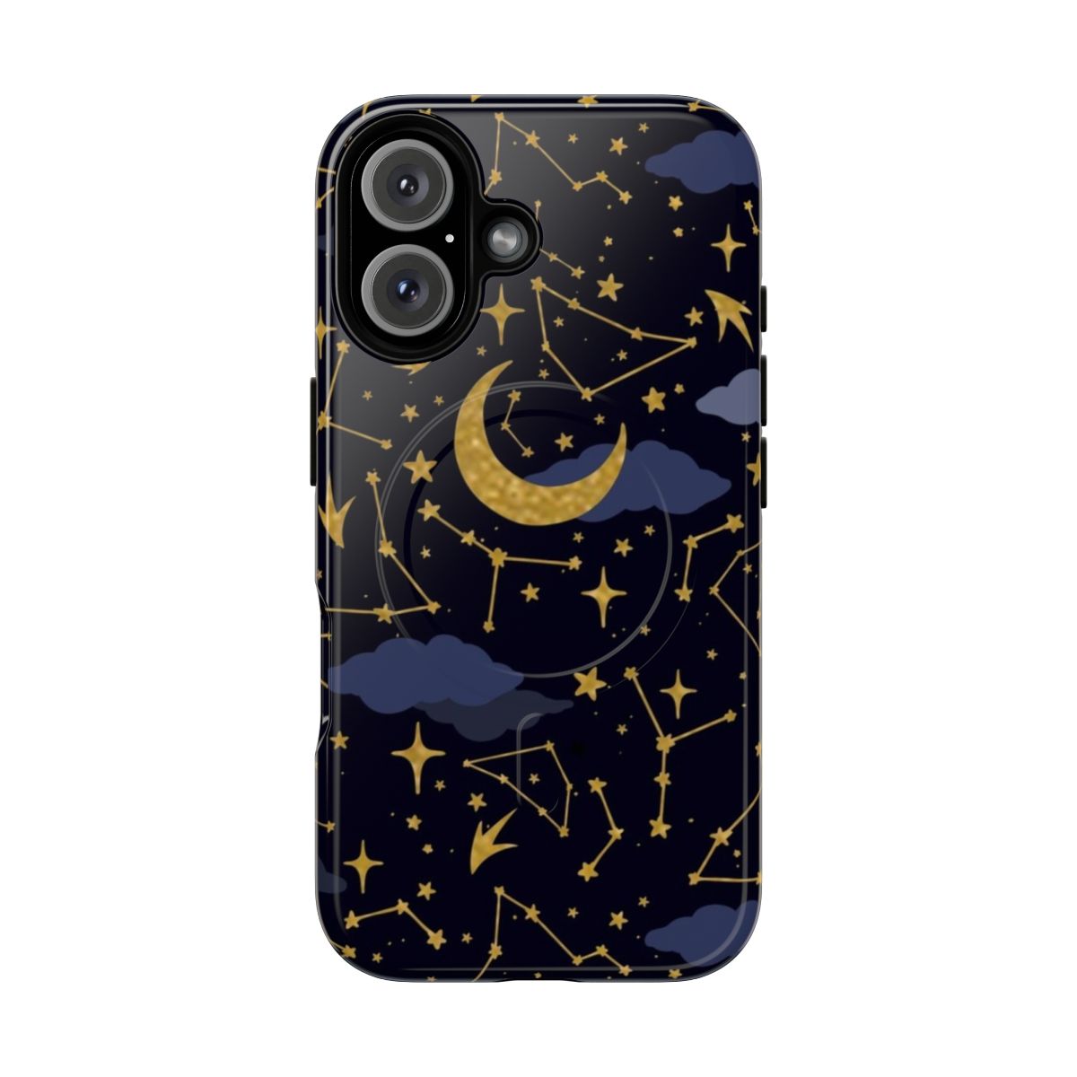 Celestial-inspired tough phone case with stars, moons, and cosmic elements in gold and dark blue