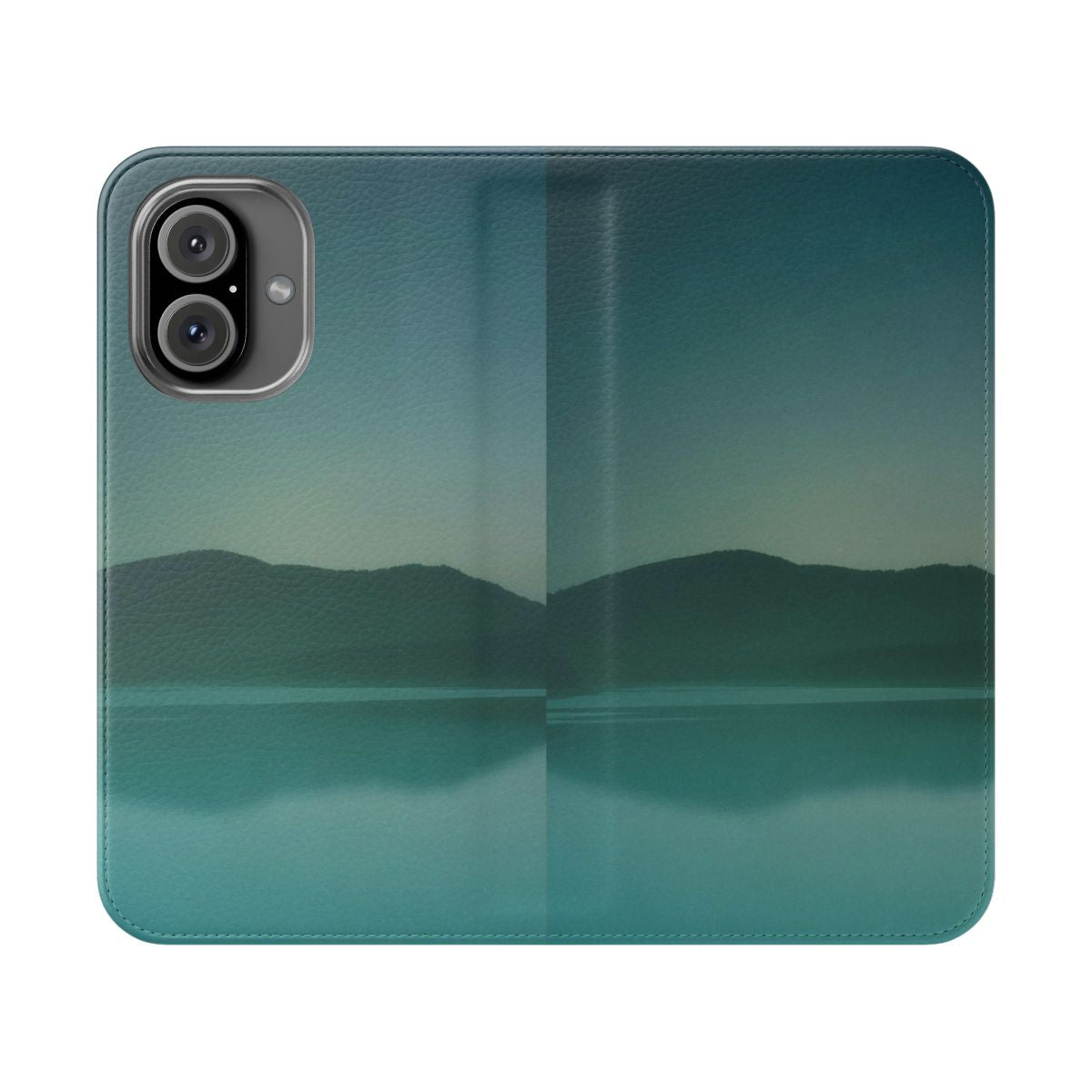 A nature-inspired flip cover phone case featuring a scenic forest lake landscape with a magical, misty atmosphere.