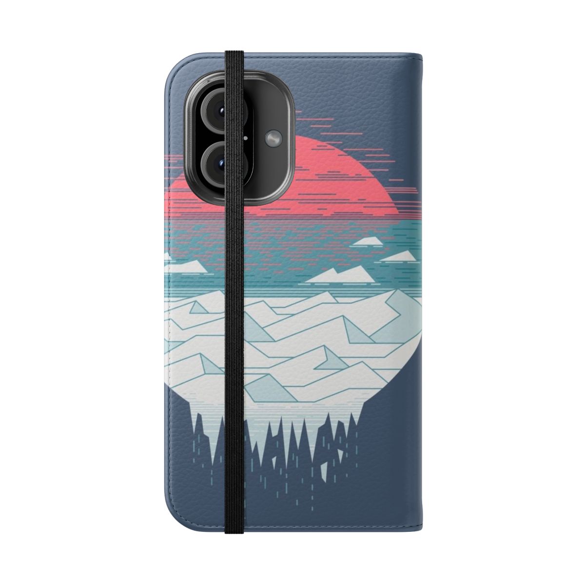 Minimalist phone case with a pastel sunrise design set against an arctic landscape. - Folded Front