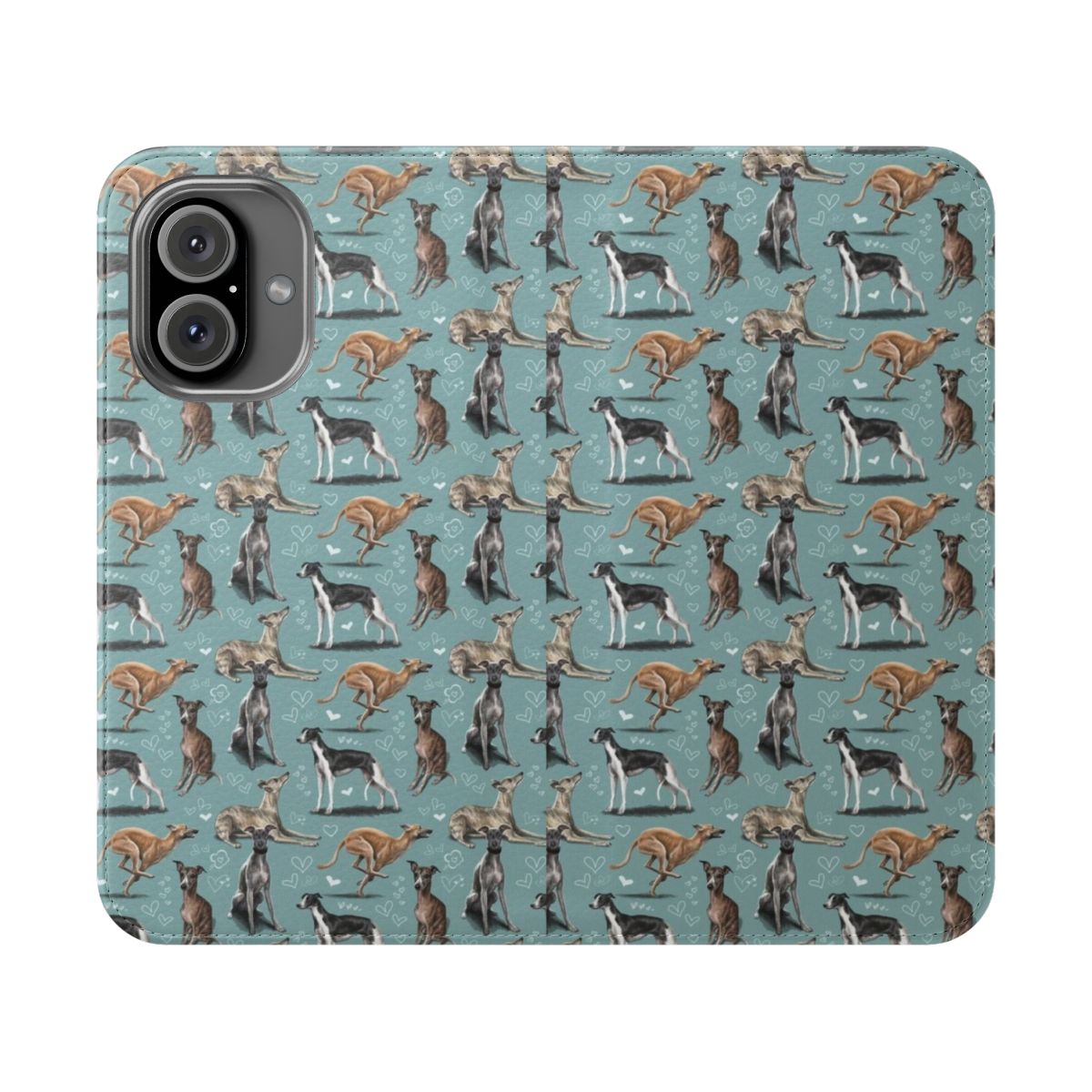 A whippet-printed phone case with a flip cover design.