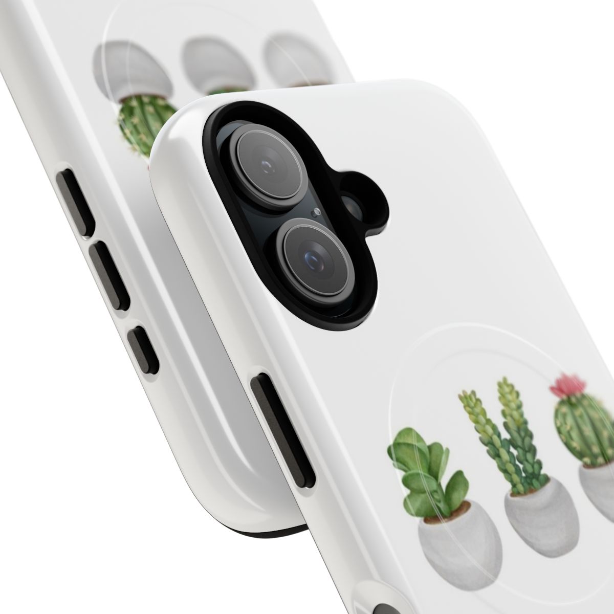 Magnetic phone case featuring a colorful array of succulent plants, cacti, and floral designs. - Detail