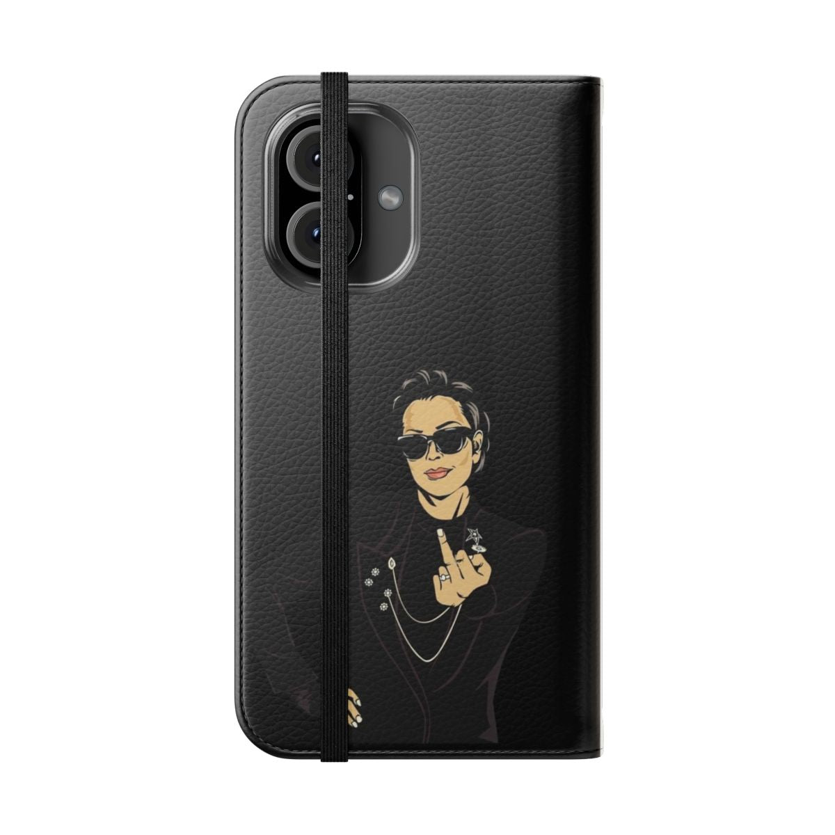 Stylish black flip cover phone case with Kris Jenner-inspired design - Folded Front