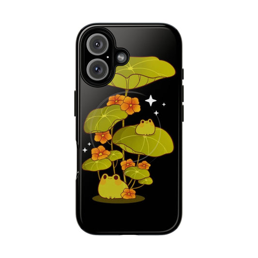 Colorful phone case featuring a cartoon-style frog sitting on watercress plants