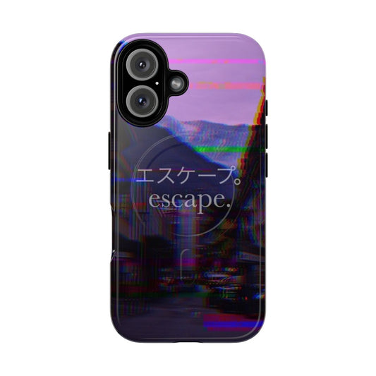 City aesthetic phone case with glitch, vaporwave, and lofi design