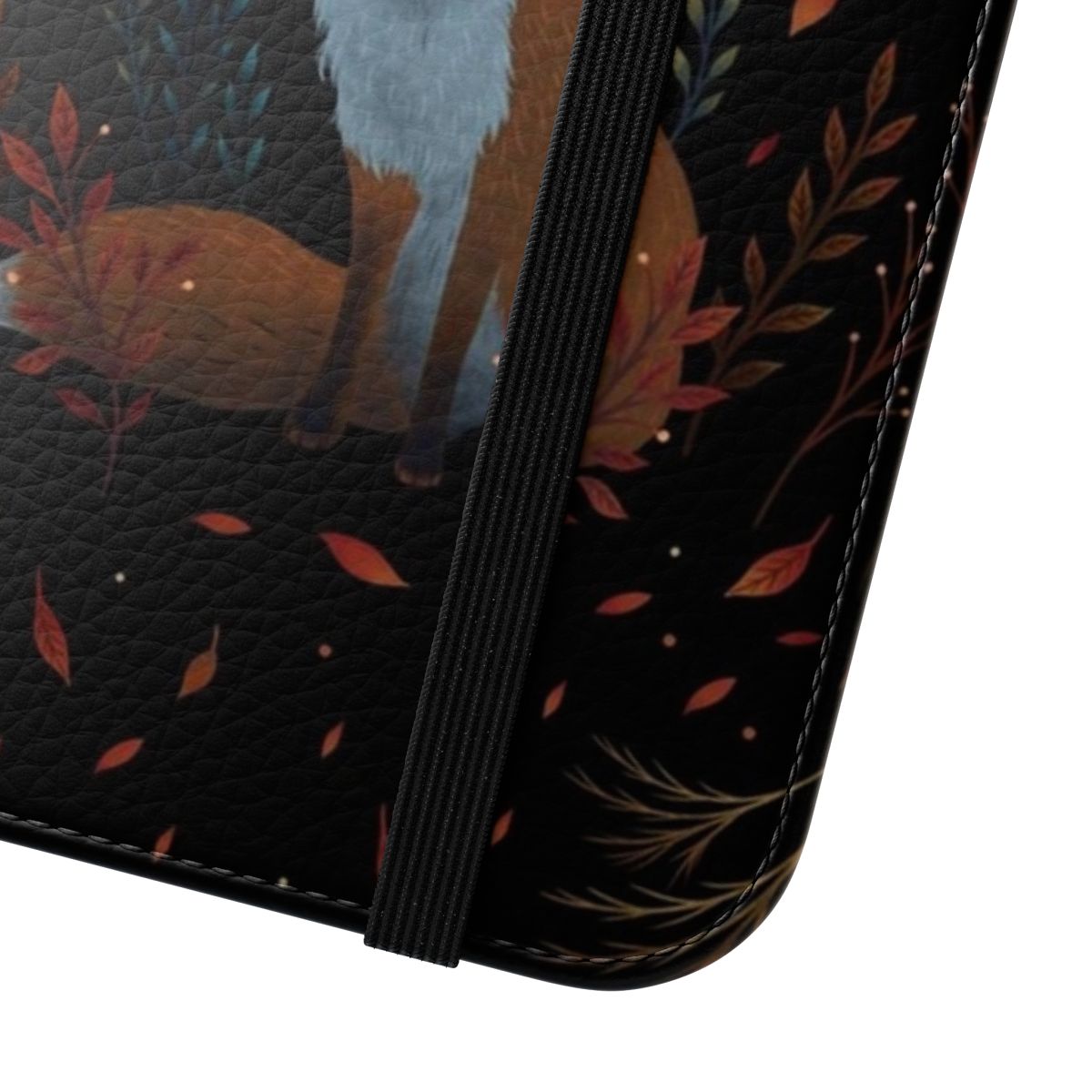 Autumn fox flip cover phone case featuring a fox design in a night garden landscape with the moon. - Close Up