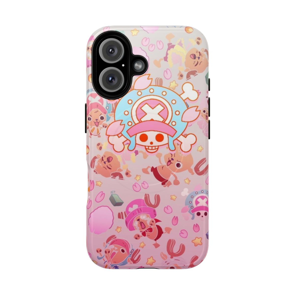 Cream-colored phone case with a vibrant pattern featuring the character Chopper from the anime series One Piece