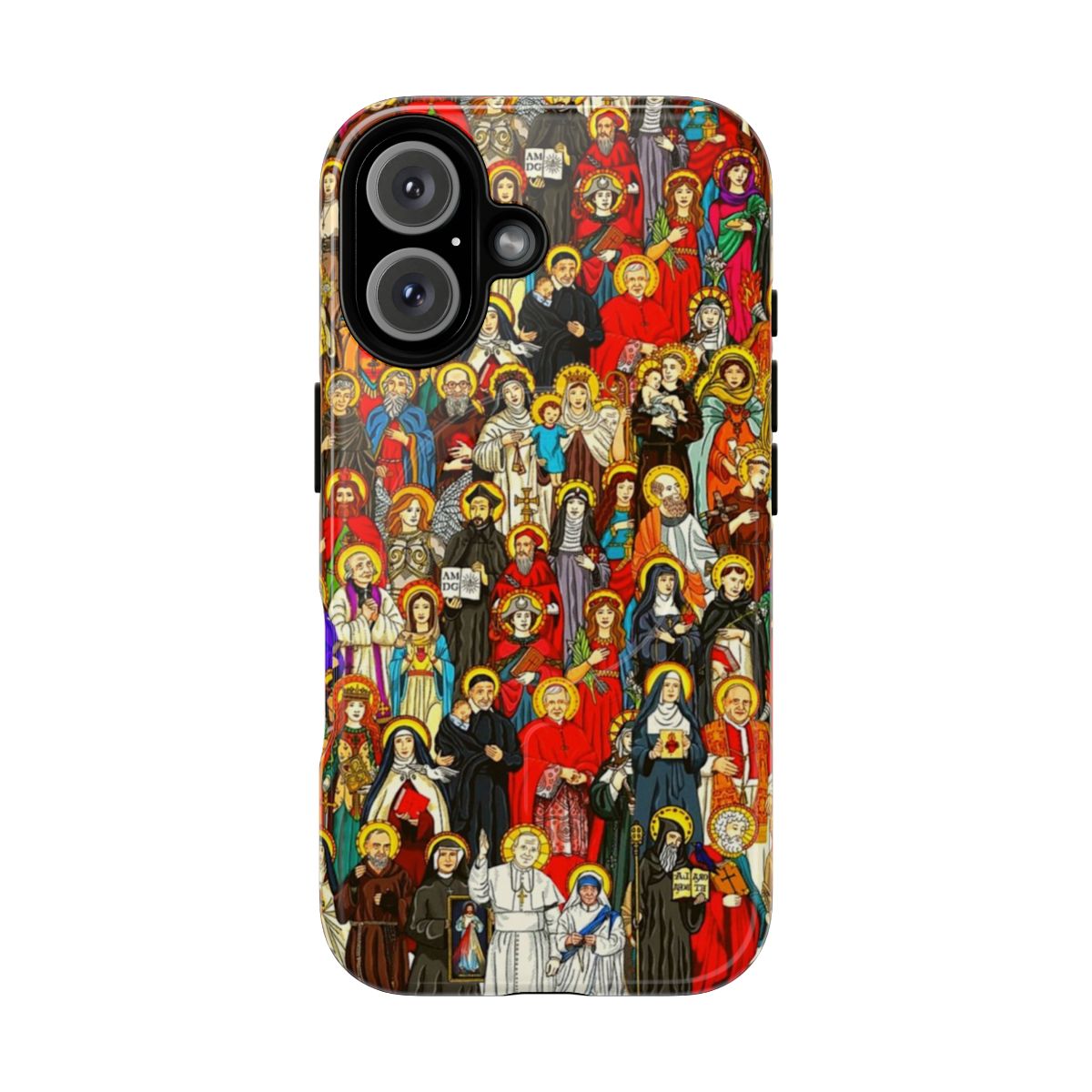 Magnetic tough phone case featuring Catholic saints like Padre Pio, St. John Paul II, St. Francis, and St. Anthony