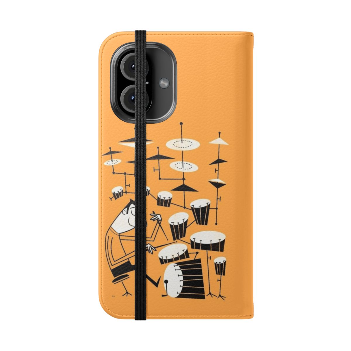 Retro-style phone case featuring a funky graphic design with a drummer and the text "Play that beat" - Folded Front