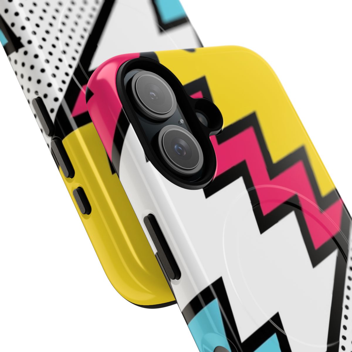 Colorful zigzag and geometric pattern phone case inspired by 1980s Memphis design - Detail