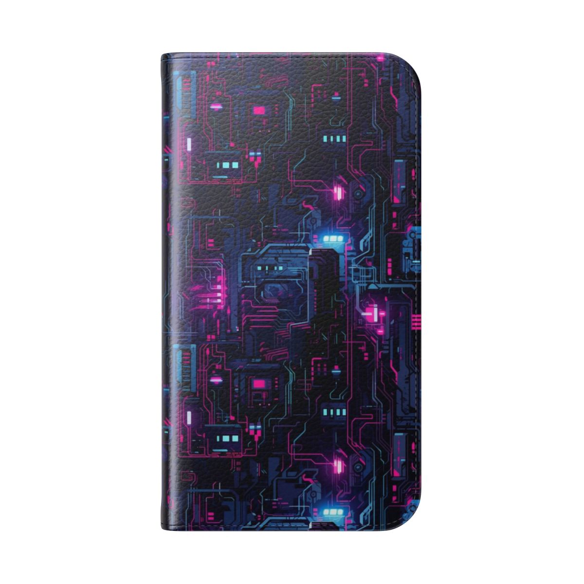 A futuristic and cyberpunk-themed flip cover phone case with sci-fi design elements. - Folded Back