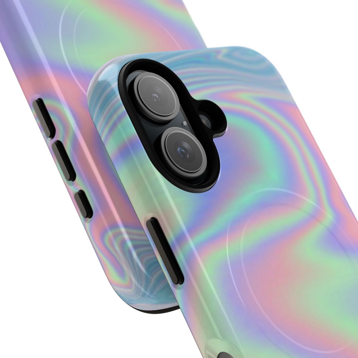 Holographic and iridescent phone case with a shimmering, wavy psychedelic pattern - Detail