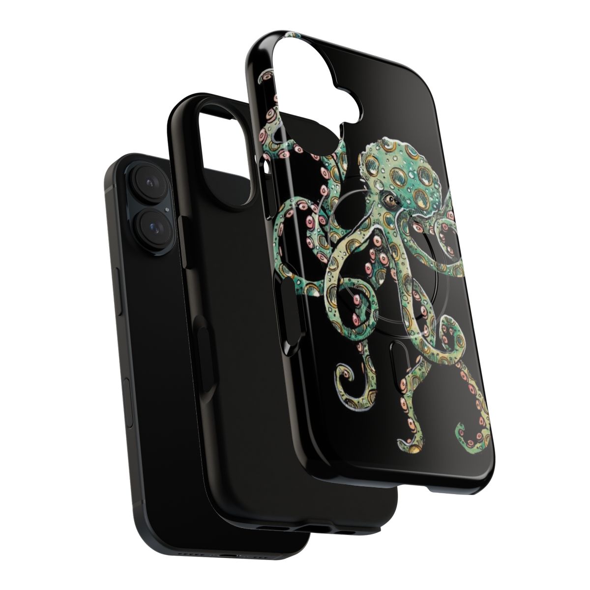 A green octopus with tentacles in a steampunk-inspired watercolor design on a phone case - Layers