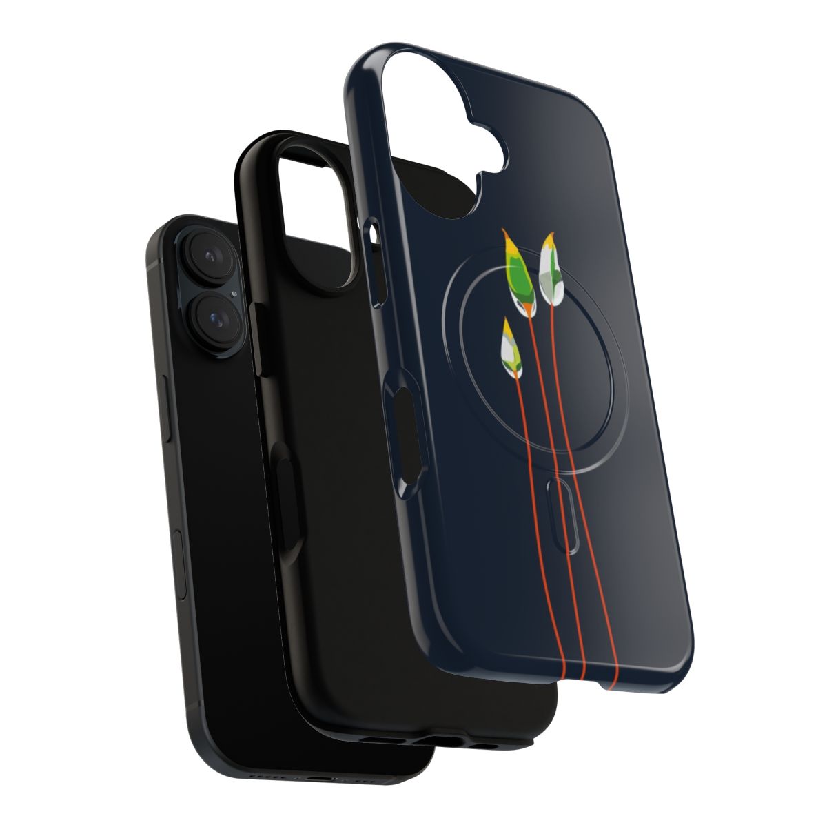 Magnetic tough phone cases featuring abstract calyptrae (moss) designs in green and red colors - Layers