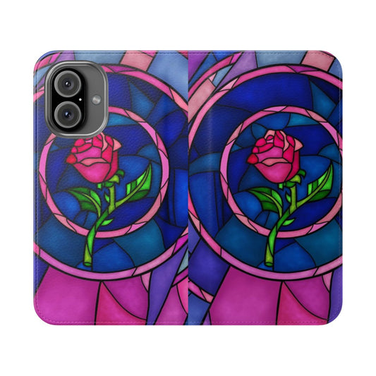 Stained glass rose phone case with princess and prince design