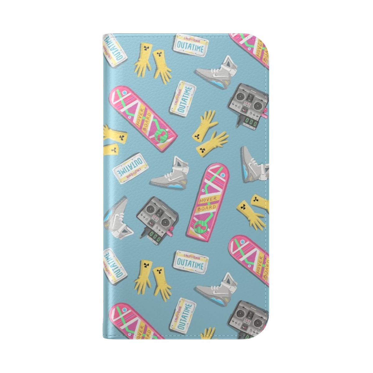 Colorful and whimsical phone case featuring Back to the Future-inspired design with sketches and doodles. - Folded Back