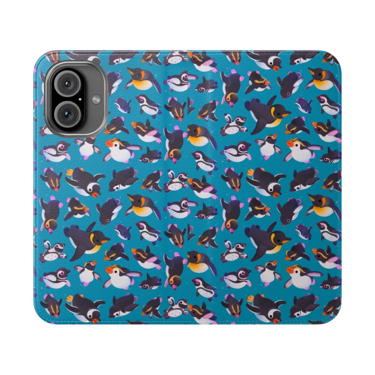 Penguin-themed flip cover phone case with various penguin species