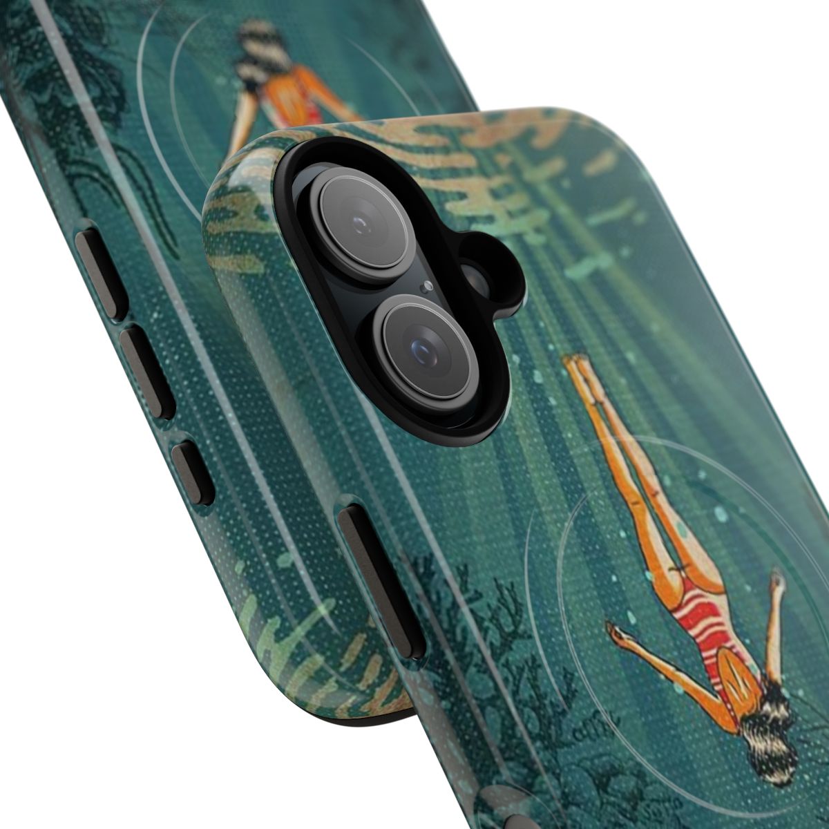 A magnetic phone case featuring a scenic ocean landscape with a girl in a swimsuit. - Detail