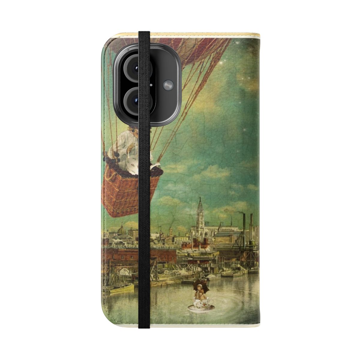 Whimsical phone case cover featuring a fairytale-inspired tea party scene with a girl, balloons, and a surreal, dreamlike atmosphere. - Folded Front