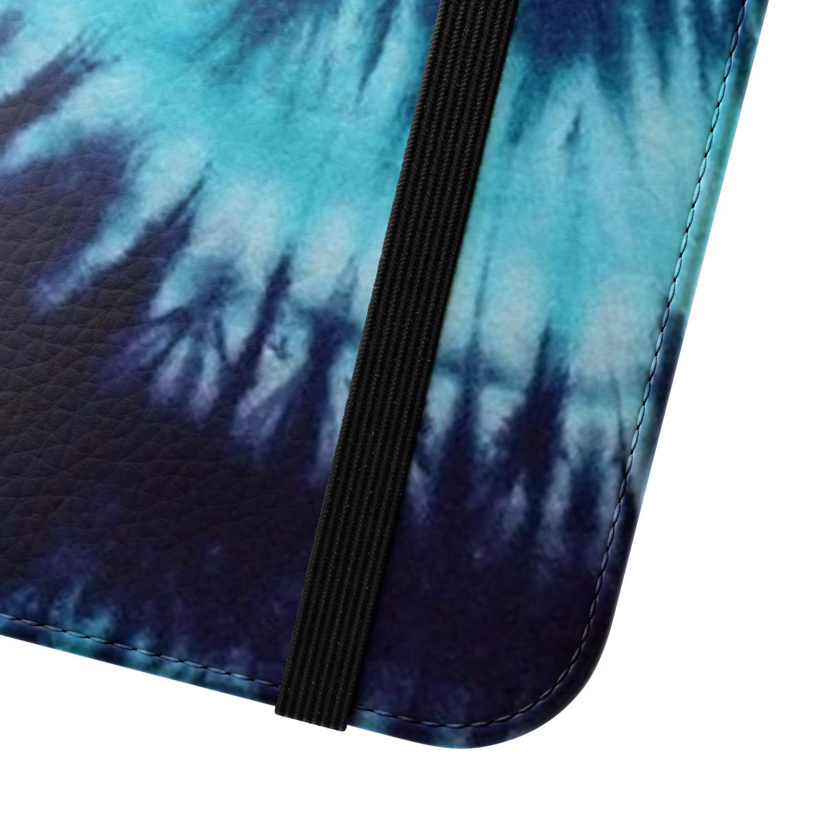 Blue tie-dye pattern on a flip cover phone case - Close Up