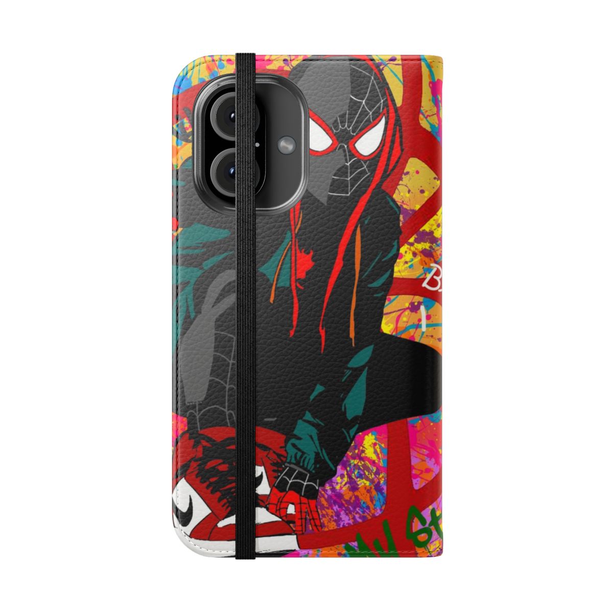 Colorful fan art inspired phone case featuring Miles Morales, the Spider-Man from the Spider-Verse - Folded Front