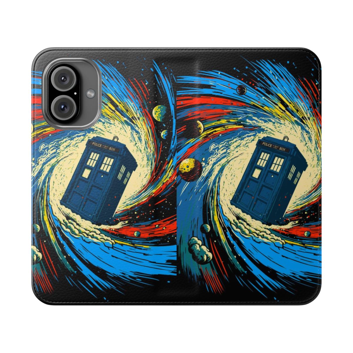 Artistic representation of a space and time vortex on a smartphone flip cover case