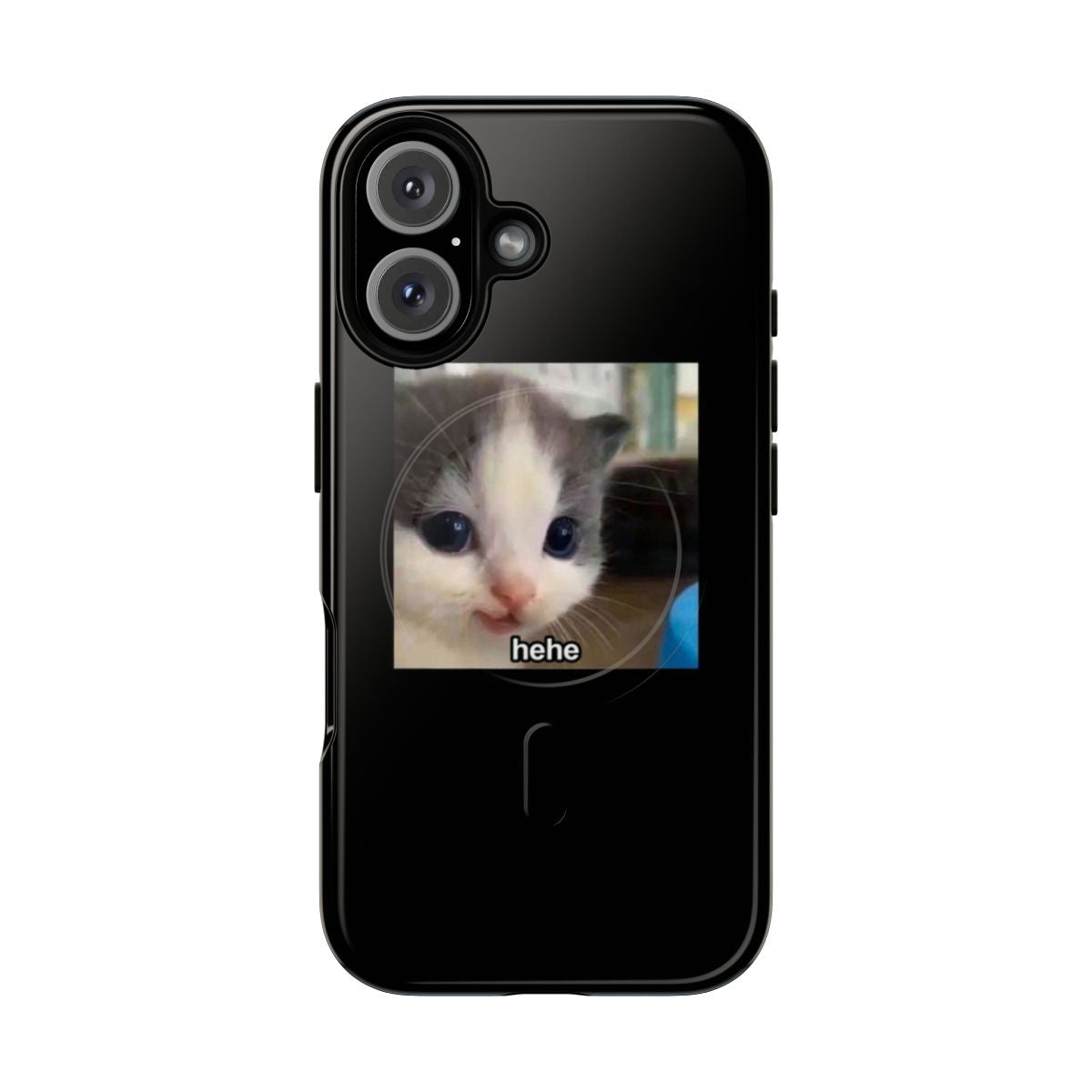 Smartphone case featuring a playful, smiling kitten meme design