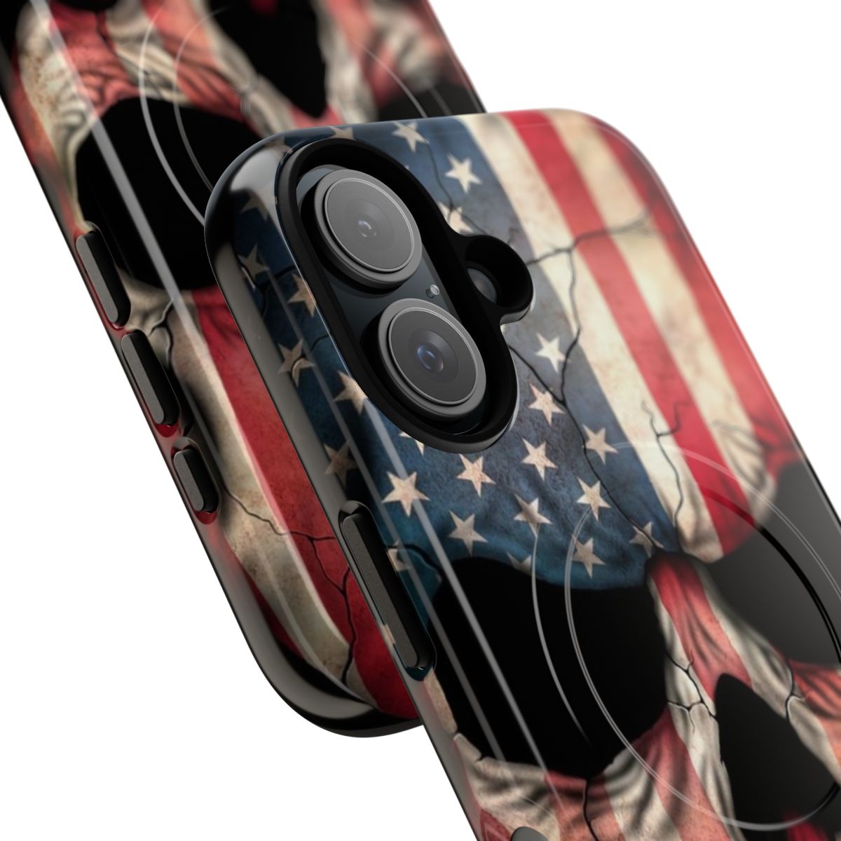 Patriotic phone case featuring a cracked skull design with the American flag - Detail