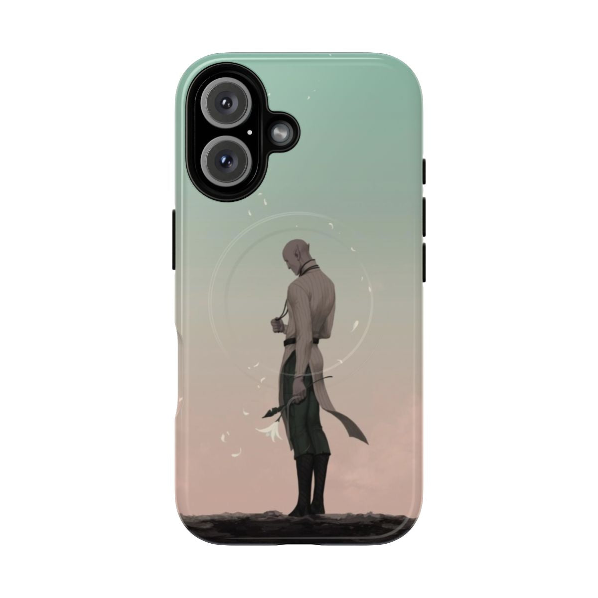 A fantasy-inspired magnetic tough phone case featuring Solas and the Dread Wolf from Dragon Age.