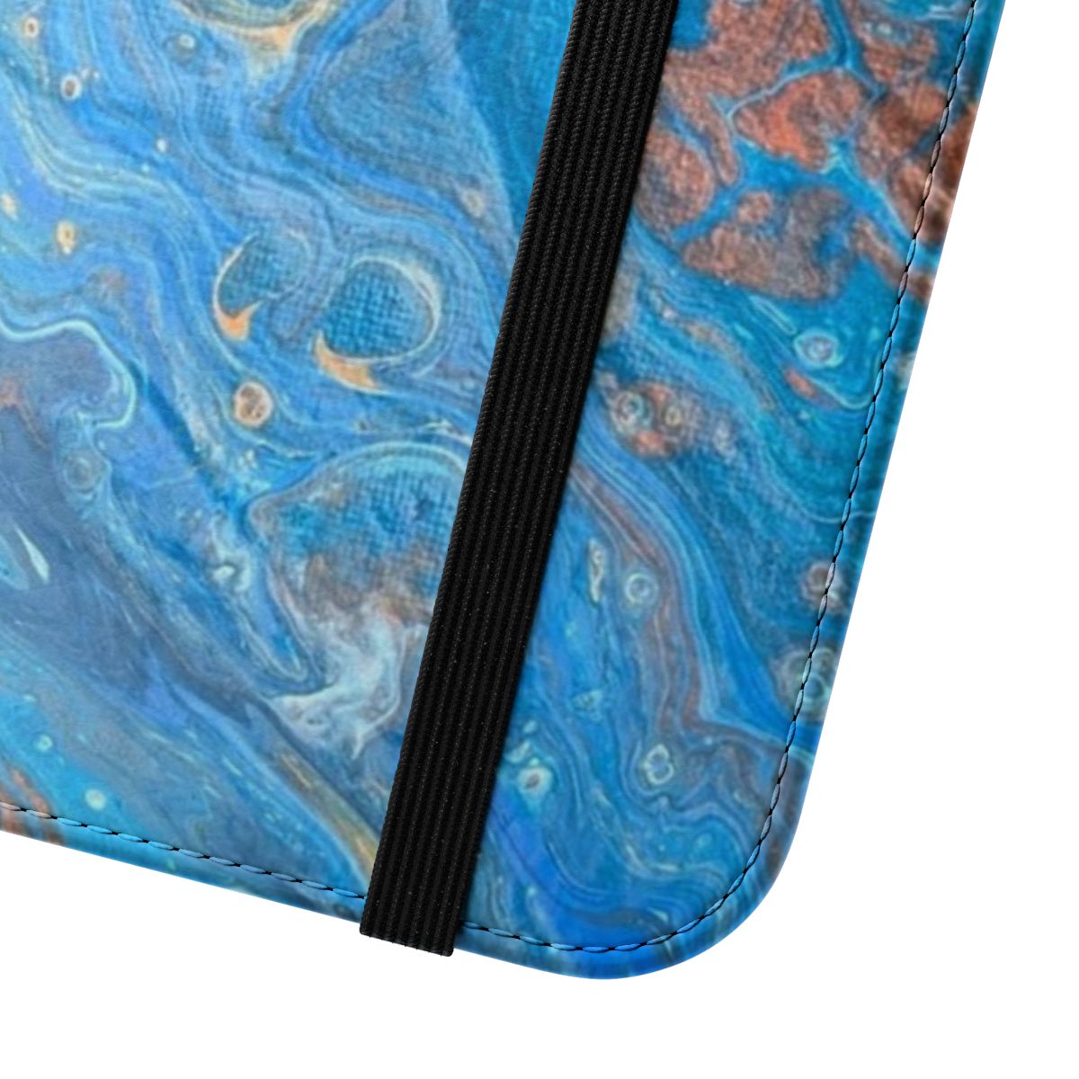 Handmade abstract art phone case with blue, copper, and gold acrylic paint design - Close Up