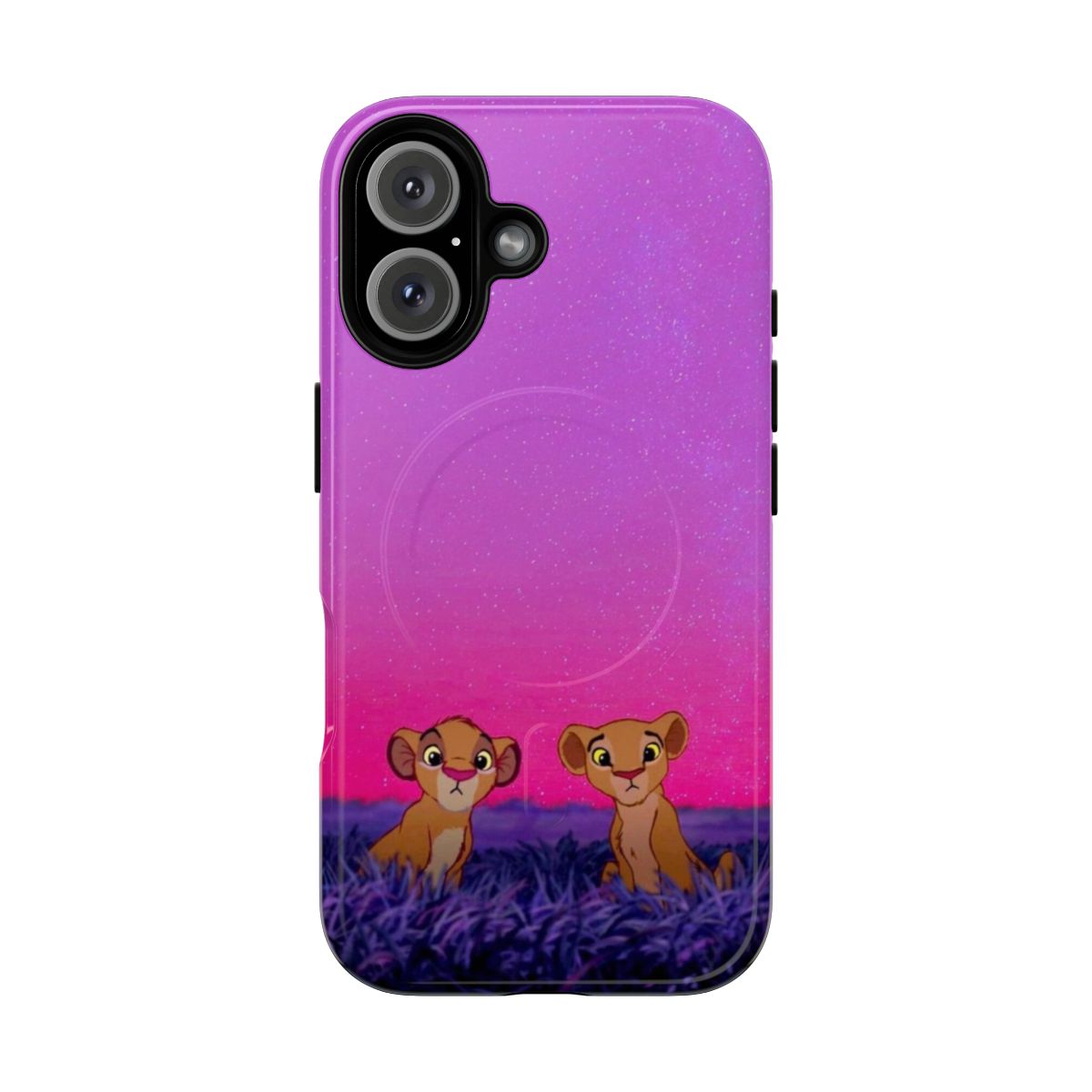 Colorful phone case with illustrations of the main characters Simba and Nala from the classic Disney animated film The Lion King.