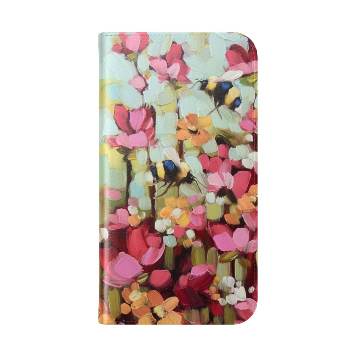 Vibrant flip cover phone case featuring a design of bumblebees and flowers - Folded Back