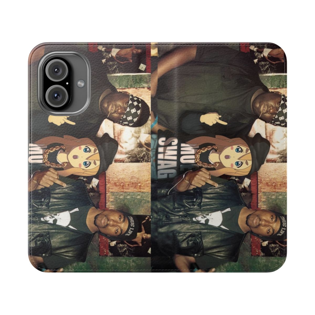 Anime-inspired flip phone case featuring a collage of popular anime characters and designs