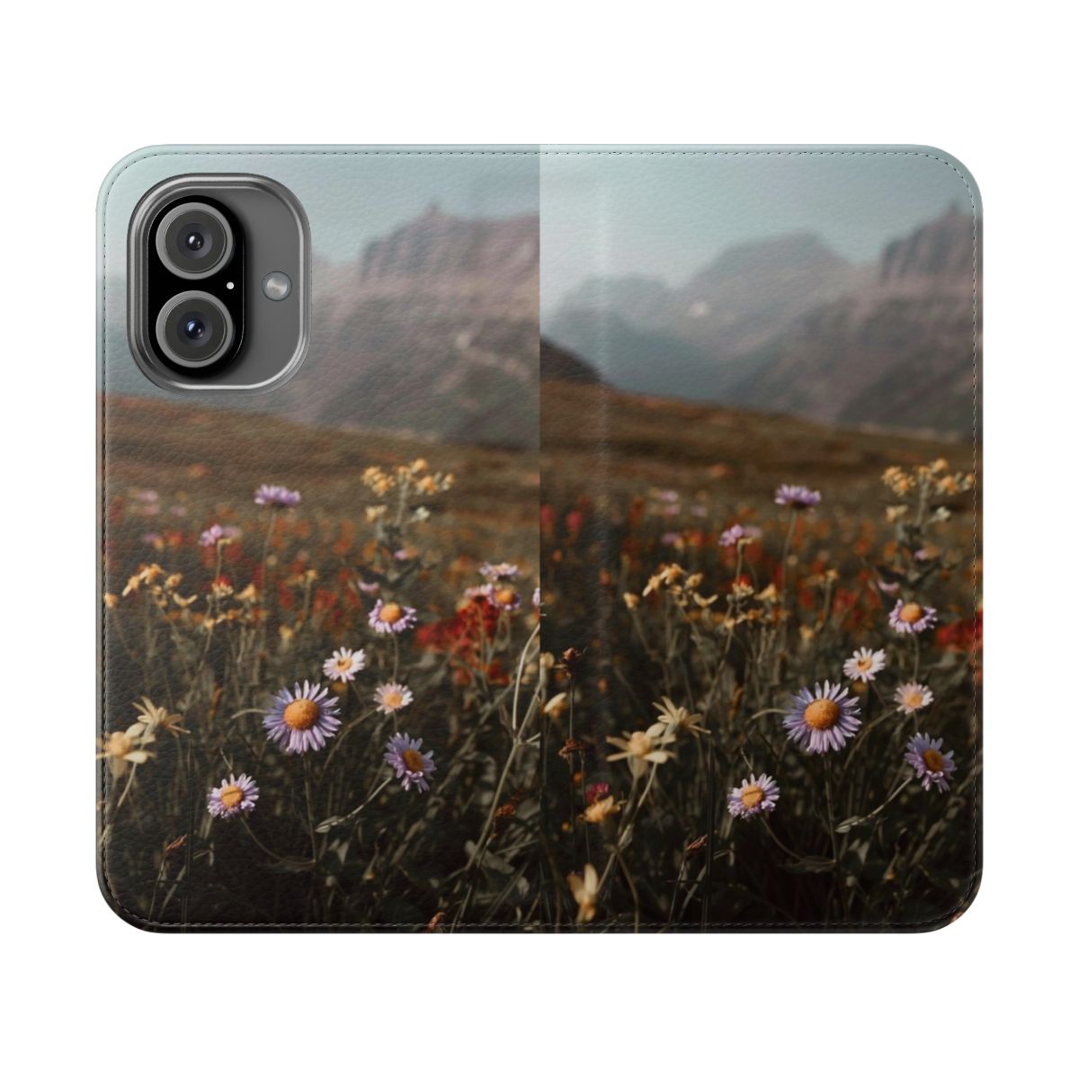 A phone case featuring a scenic landscape with mountains, wildflowers, and a golden hour sky.