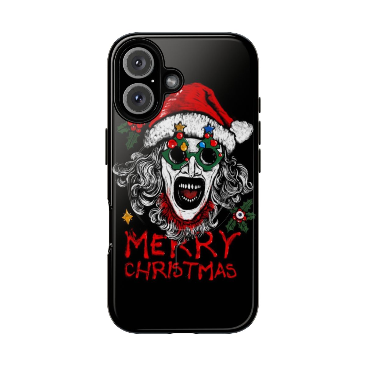 Terrifying Santa Claus horror art phone case featuring Art the Clown from the Terrifier movie