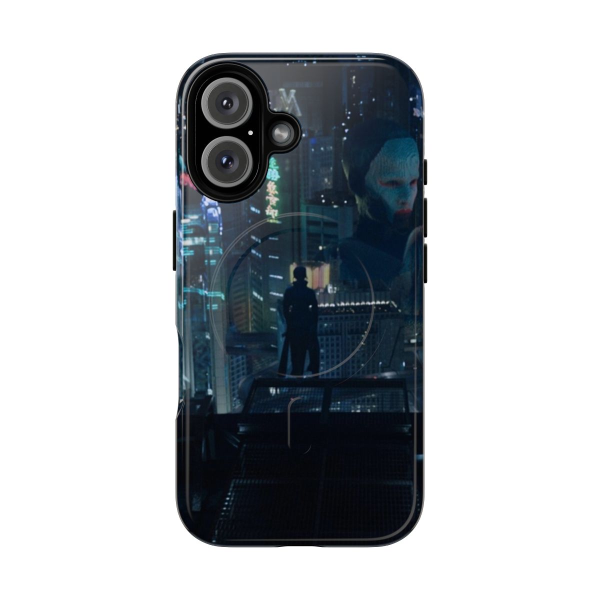 Cyberpunk-style phone case with Ghost in the Shell-inspired cityscape design