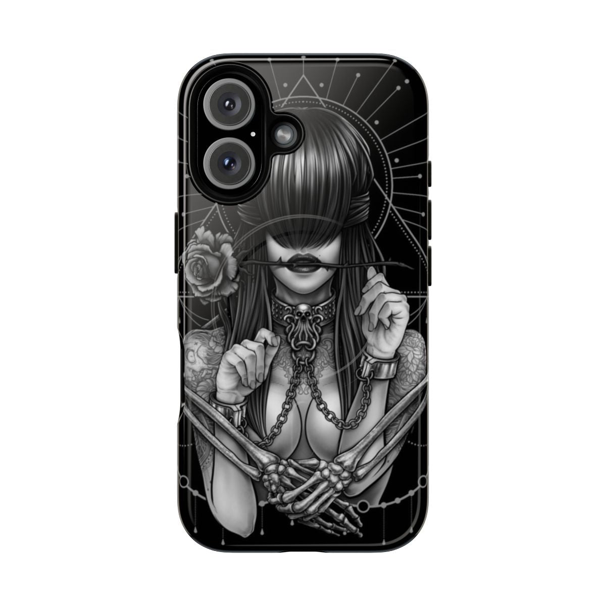 Magnetic tough phone case featuring a surreal "see no evil" design in black and white.