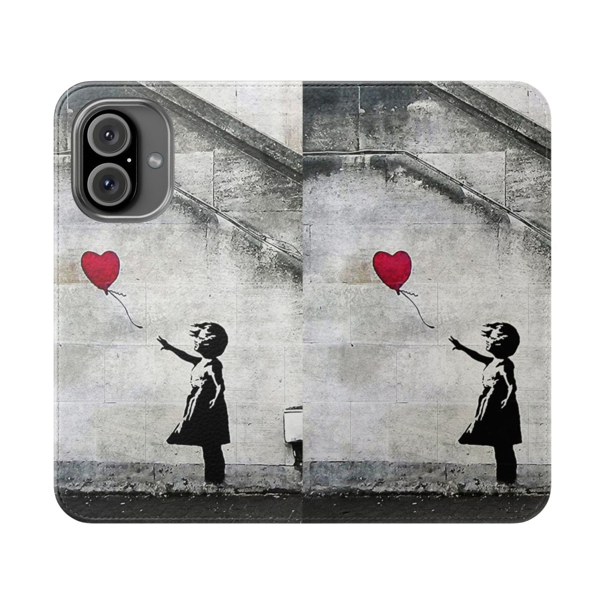 Flip phone case featuring an original street art mural of a girl with a balloon, inspired by the iconic work of artist Banksy.