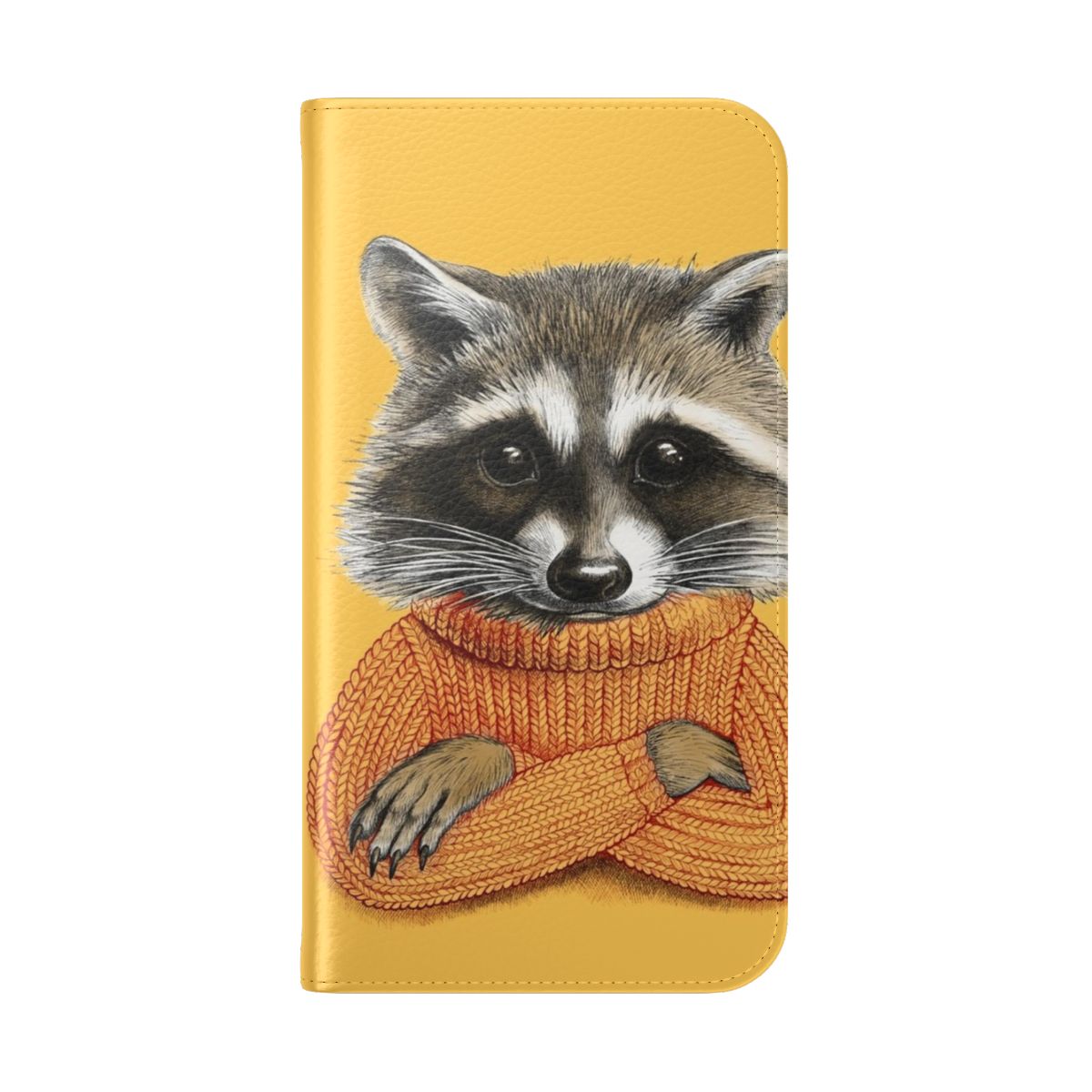 Illustration of a raccoon wearing a cozy winter sweater on a phone case cover - Folded Back