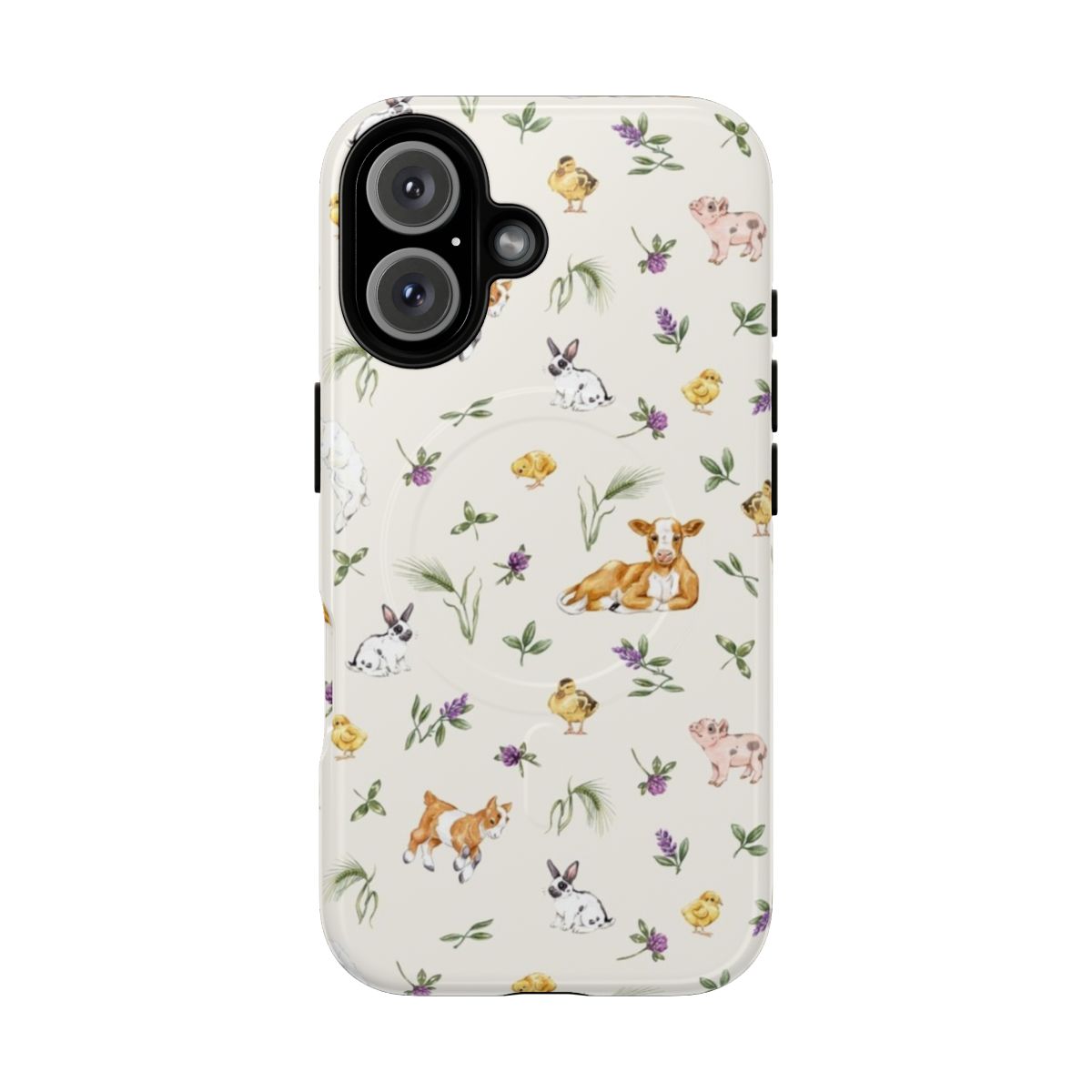 Magnetic phone case with colorful watercolor farm animal pattern including cow, rabbit, chick, duckling, sheep, and goat.