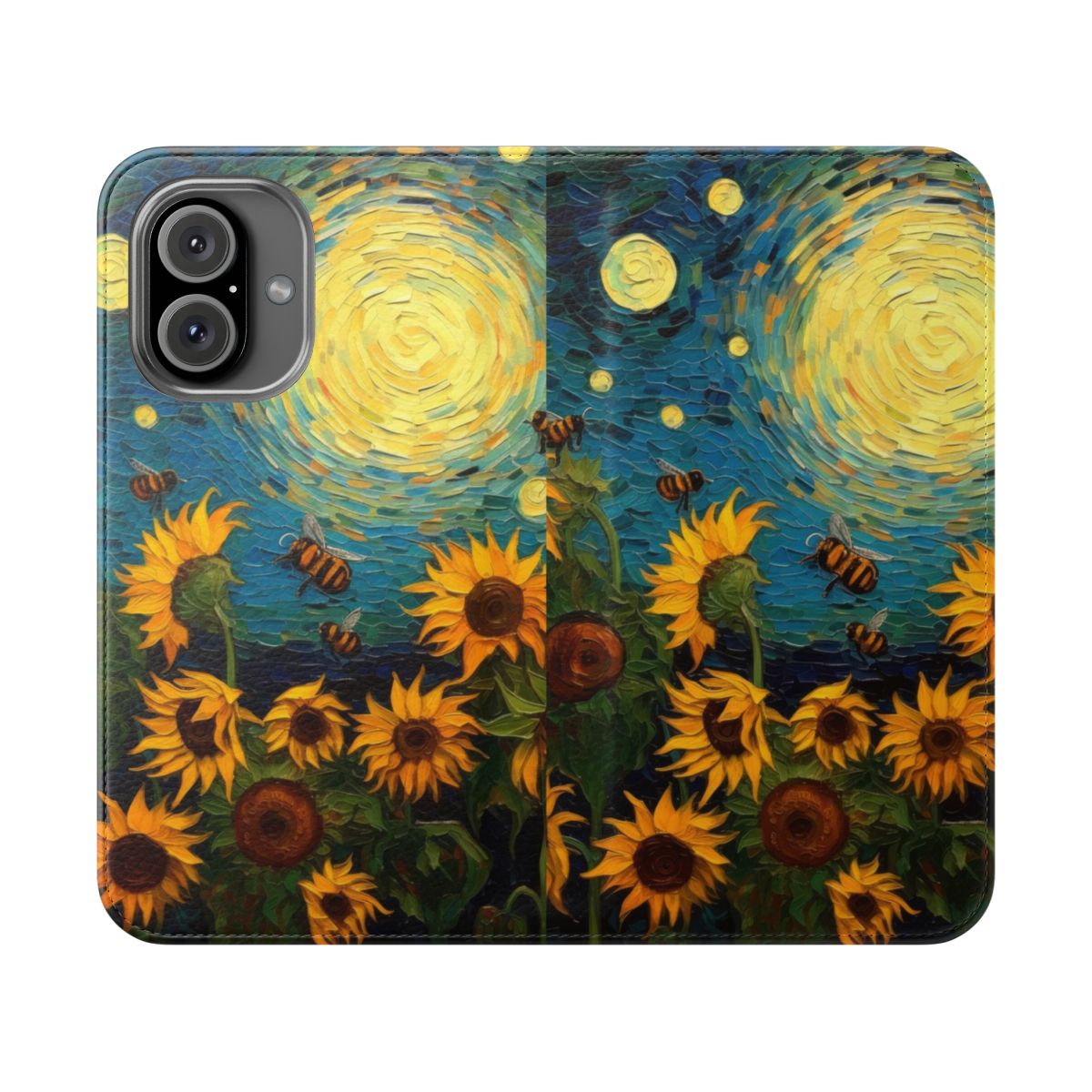 Flip cover phone case with a picturesque oil painting-style design featuring sunflowers and bees.