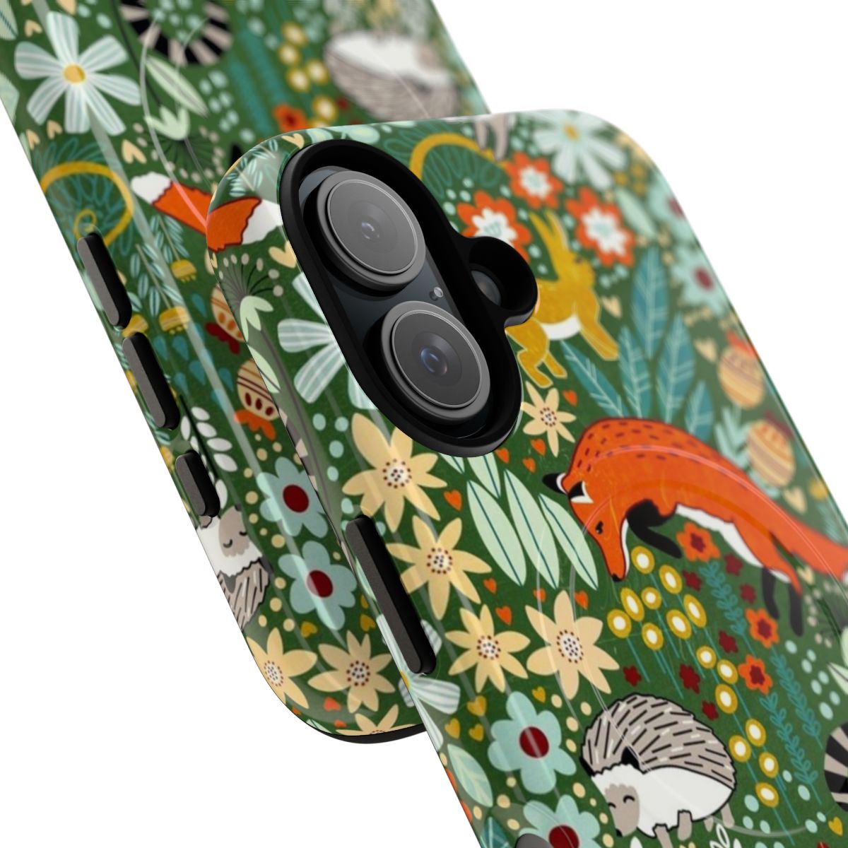 A textured green phone case featuring a hand-drawn digital illustration of woodland animals like foxes, raccoons, and rabbits. - Detail