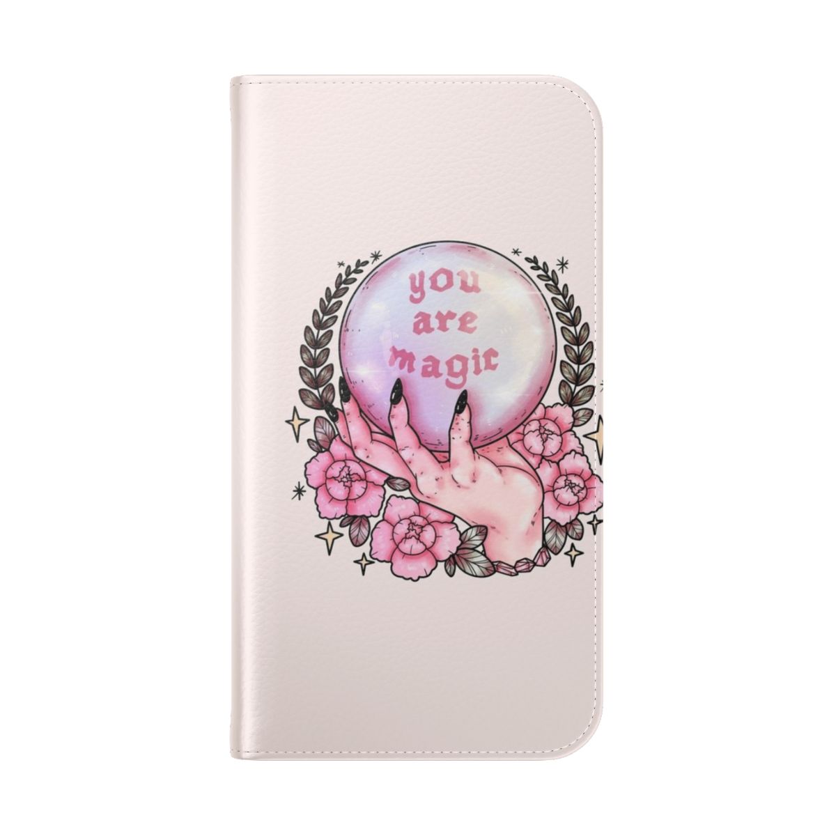 A pink phone case with a floral and crystal design - Folded Back