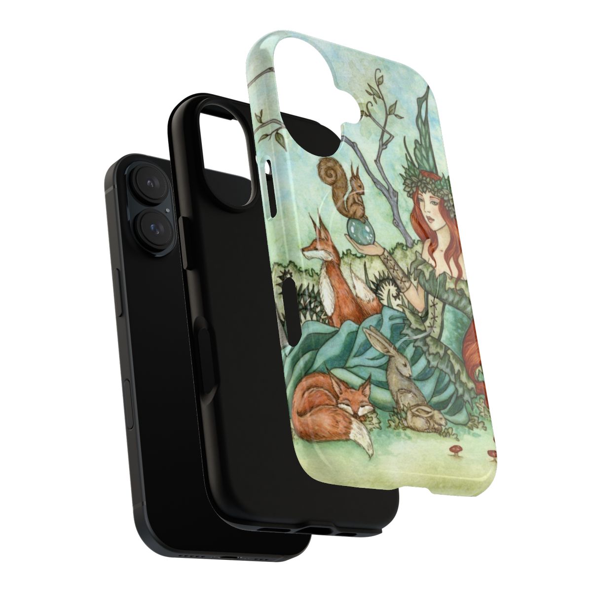 Whimsical phone case featuring fantasy artwork of woodland creatures and enchanted forest elements - Layers