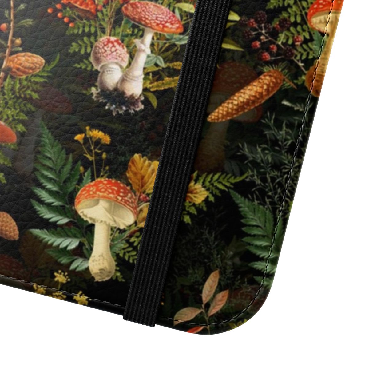 Vintage-inspired botanical phone case featuring midnight toadstools in a forest landscape on a black background. - Close Up